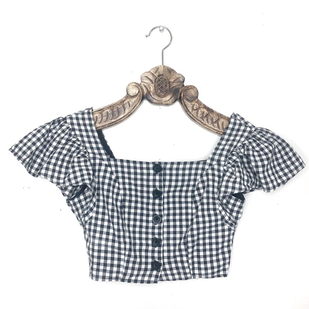 Urban Outfitters Cotton Gingham Flounce Sleeve Button Front Crop Top xs